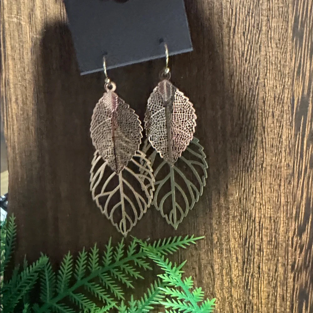 Express Rose Gold and Gold Layered Leaf Dangle Earrings (BR555( - Picture 3 of 7